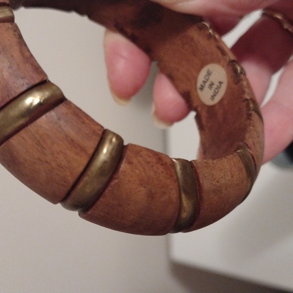 Vintage carved wood and inlaid copper bangle bracelet made in India size 8 - Picture 5 of 6